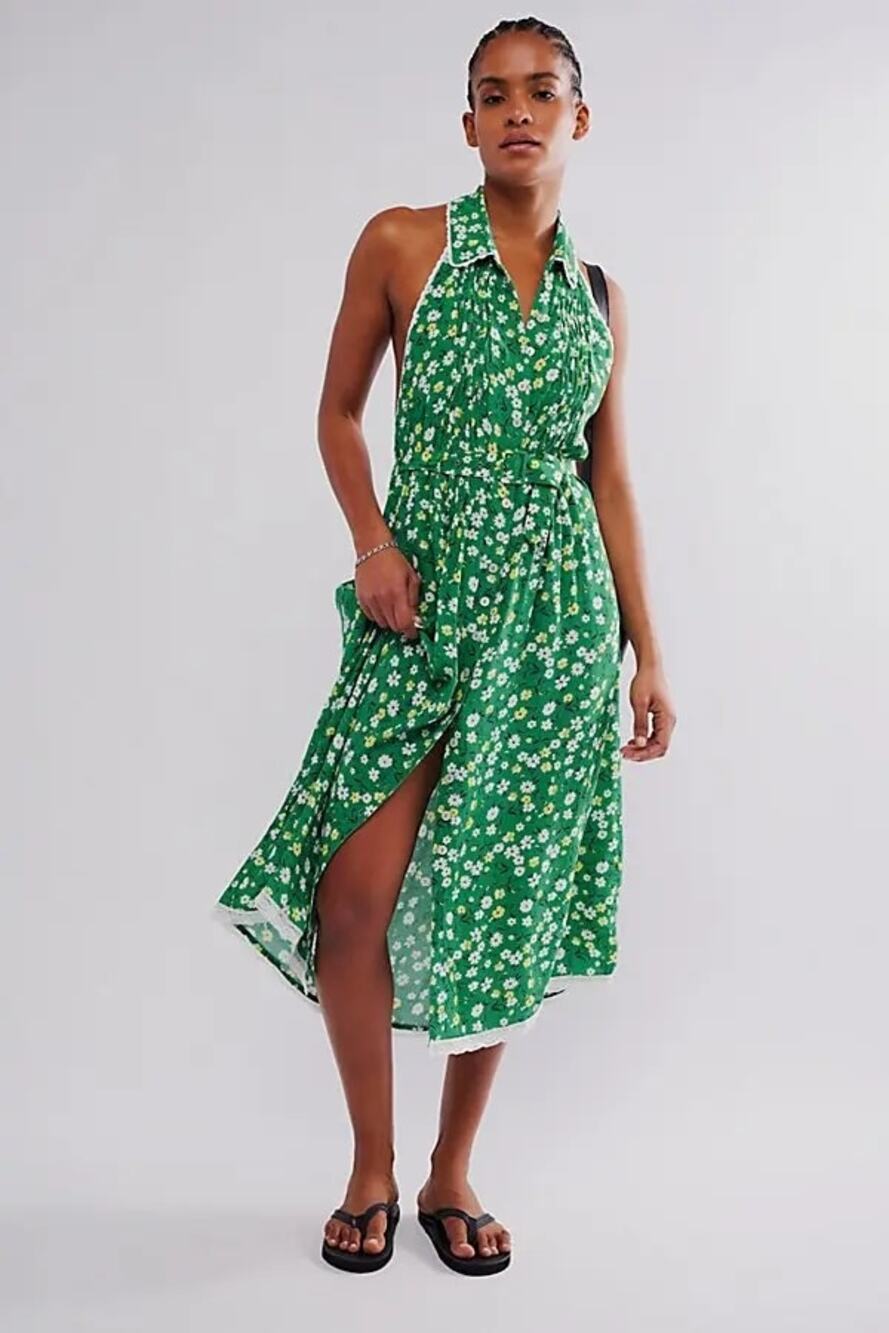 New FREE PEOPLE Slice Of Life Halter Midi Dress $148 MEDIUM Green Floral Boho